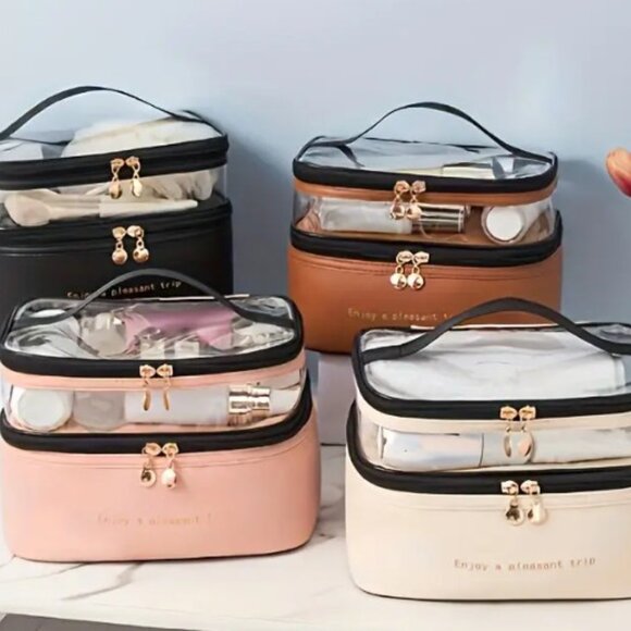 ✨NEW✨ Stylish Double-Layer Makeup Bag - Beige - Transparent - Picture 4 of 4